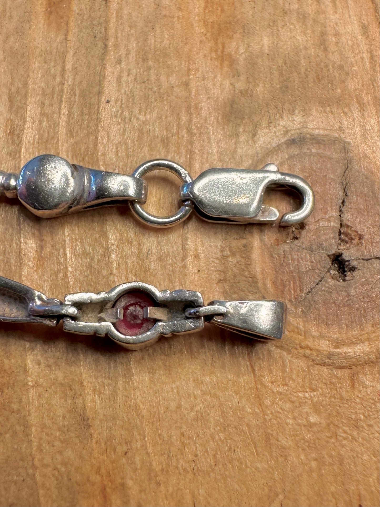 Red Stone Bar Link 925 Sterling Silver 7.8 inch Bracelet