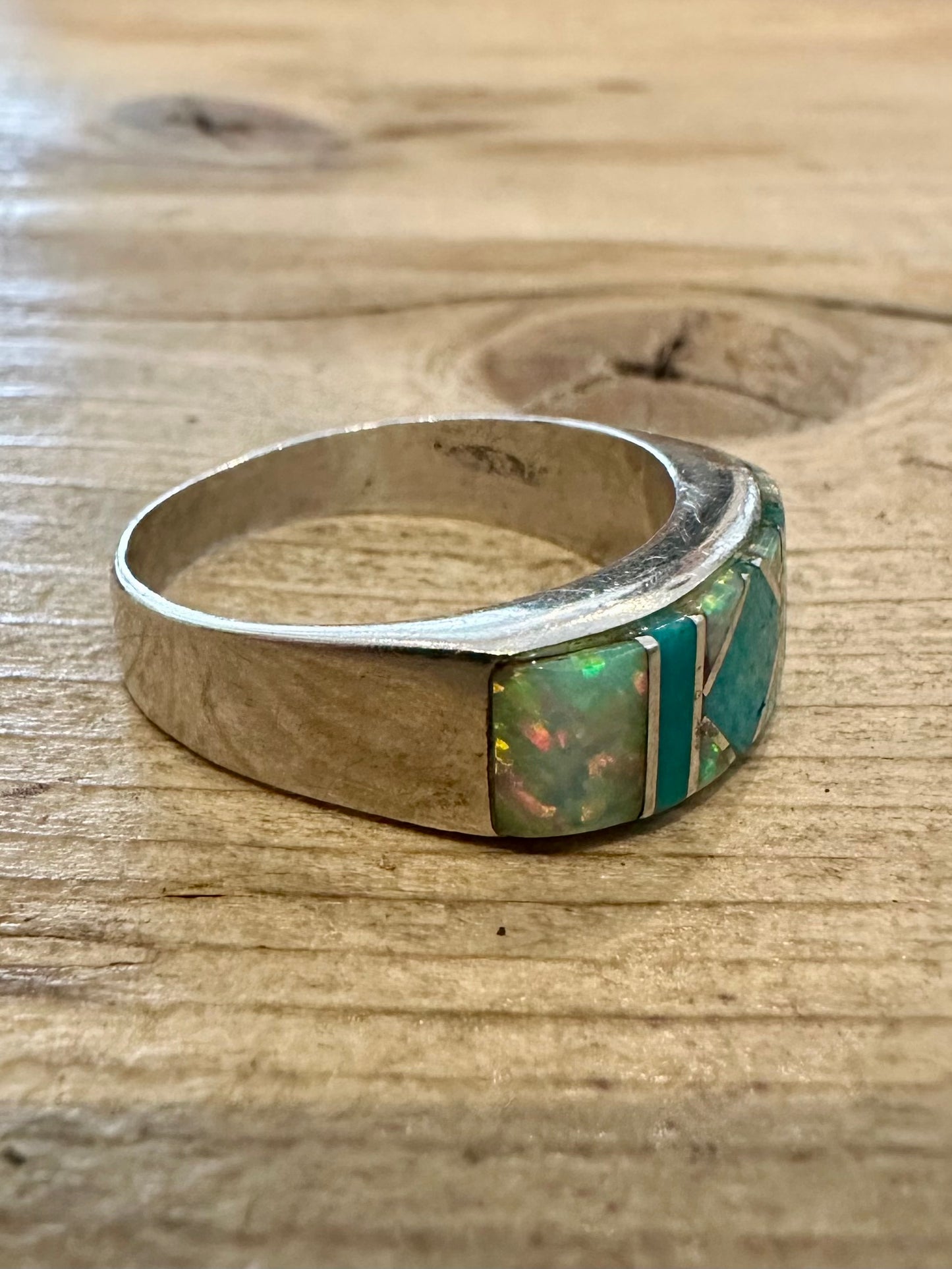 Vintage Opal and Turquoise Inlay 925 Silver Size V Ring