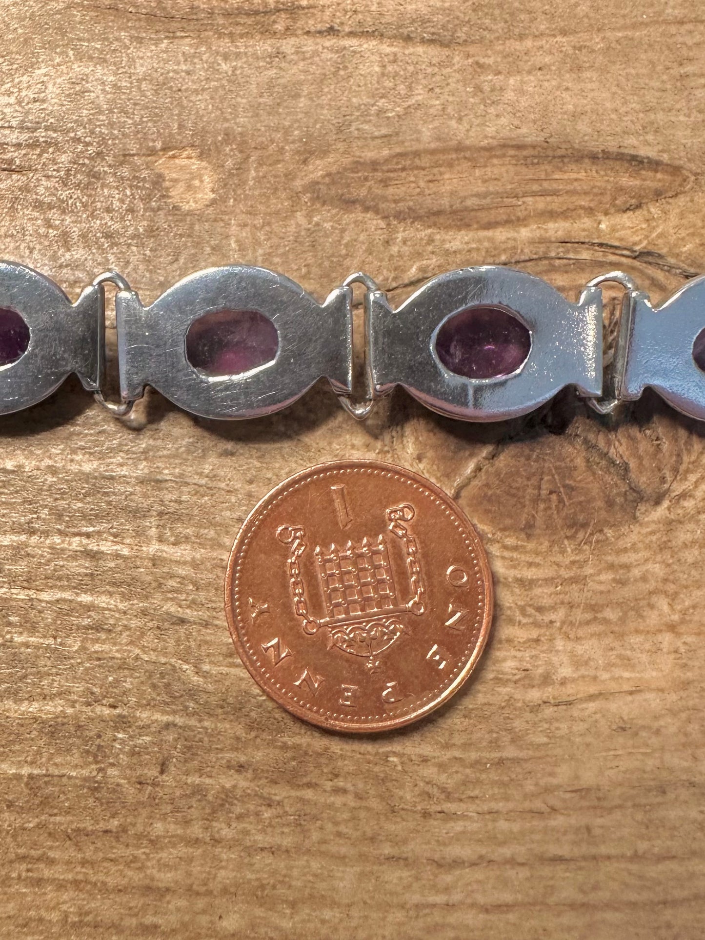 Vintage Amethyst Oval Link T Bar Clasp 925 Silver 6.8 inch Bracelet