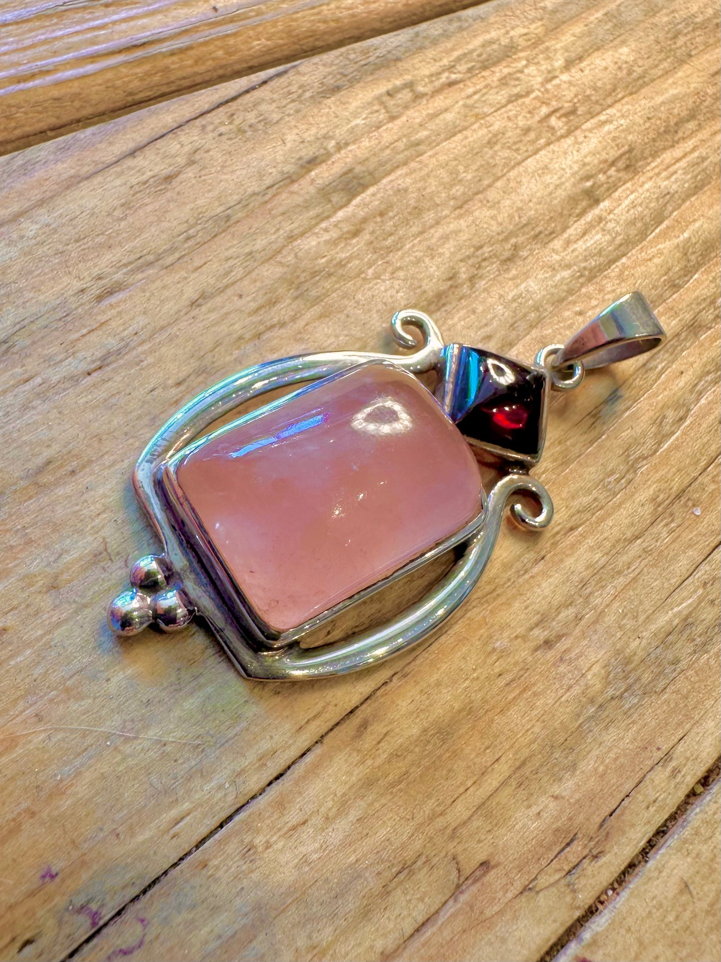 Rose Quarts and Garnet 925 Sterling Silver Pendant