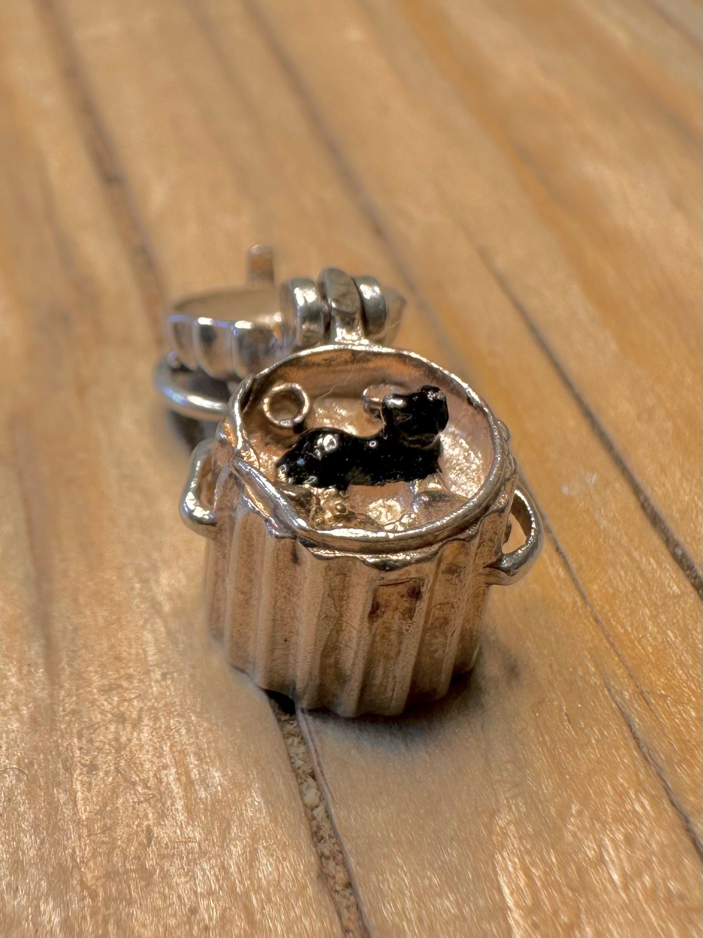 Vintage Bin with Enamel Cat 925 Silver Charm Pendant