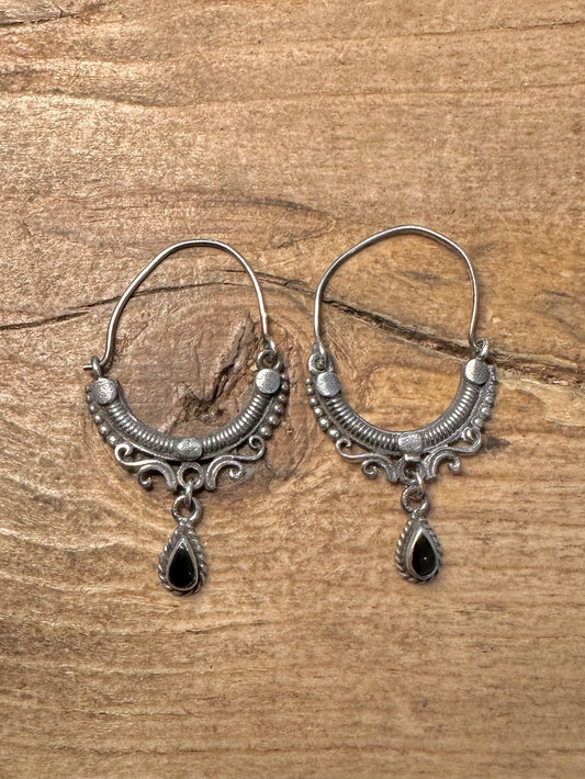 Vintage Boho Black Stone 925 Silver Earrings
