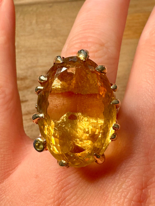 Abstract Large Citrine Stone Claw Mount 925 Silver Size R Ring