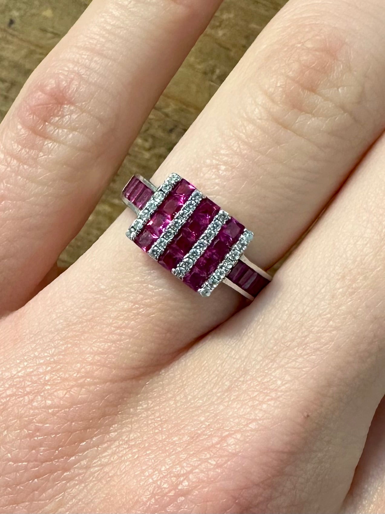 Modernist Pink and White CZ Rectangle 925 Silver Size L Ring