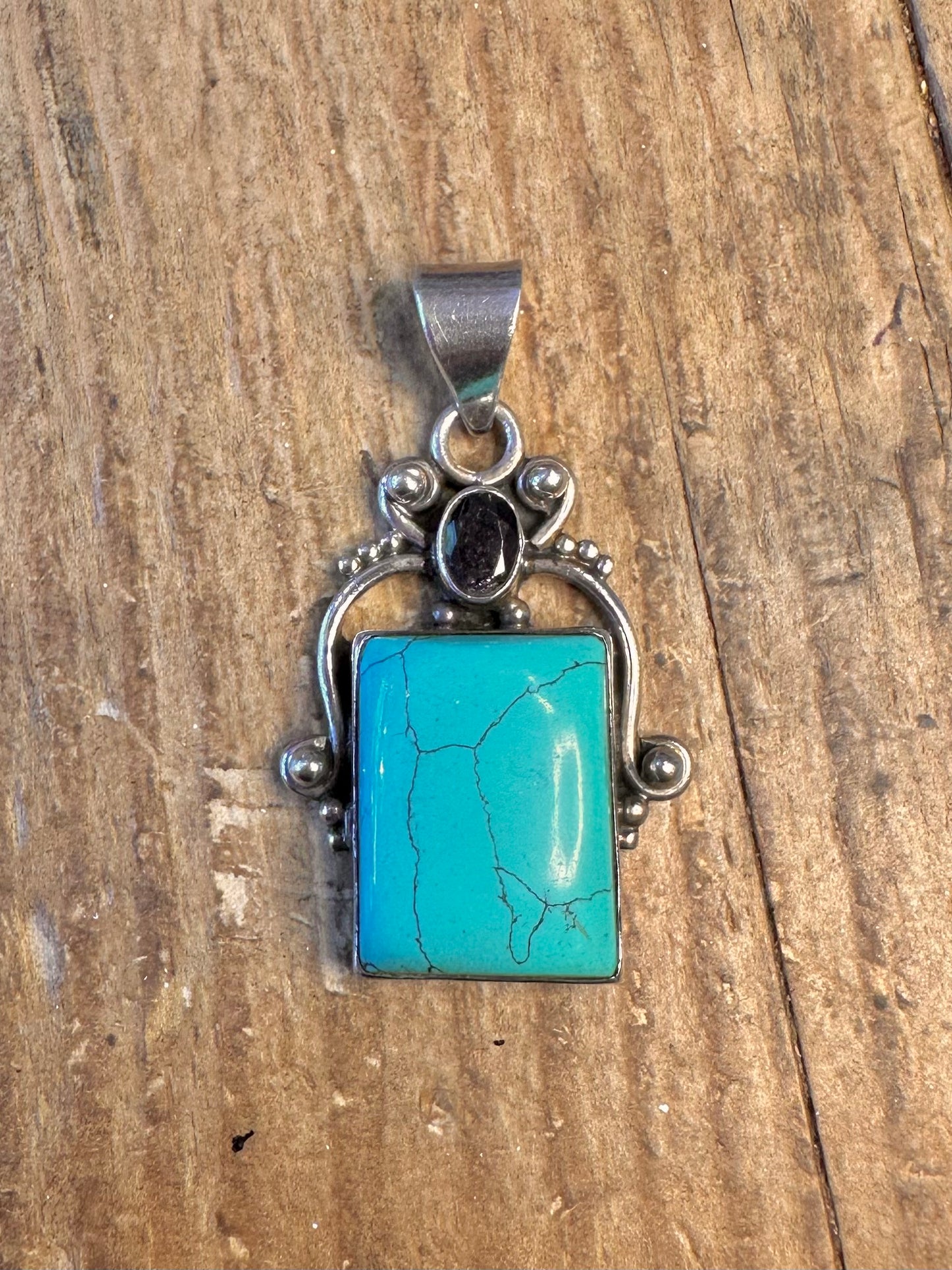 Ornate Turquoise and Dark Blue Stone 925 Sterling Silver Pendant