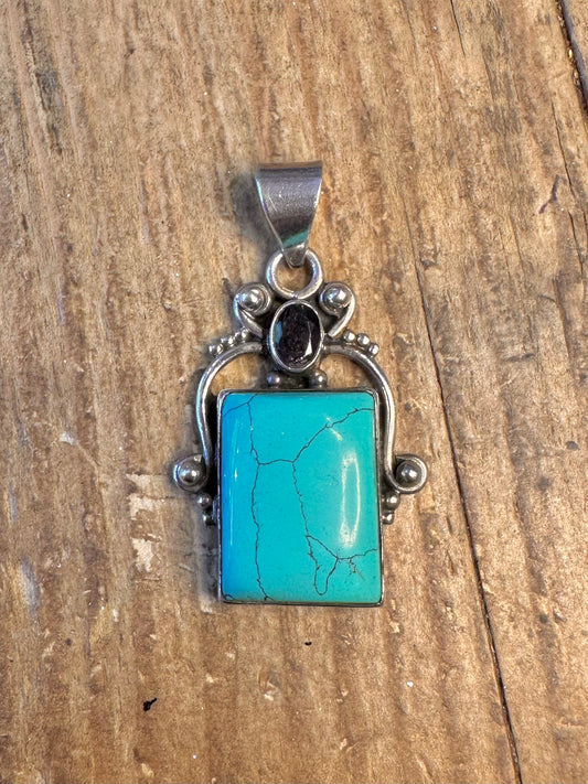 Ornate Turquoise and Dark Blue Stone 925 Sterling Silver Pendant
