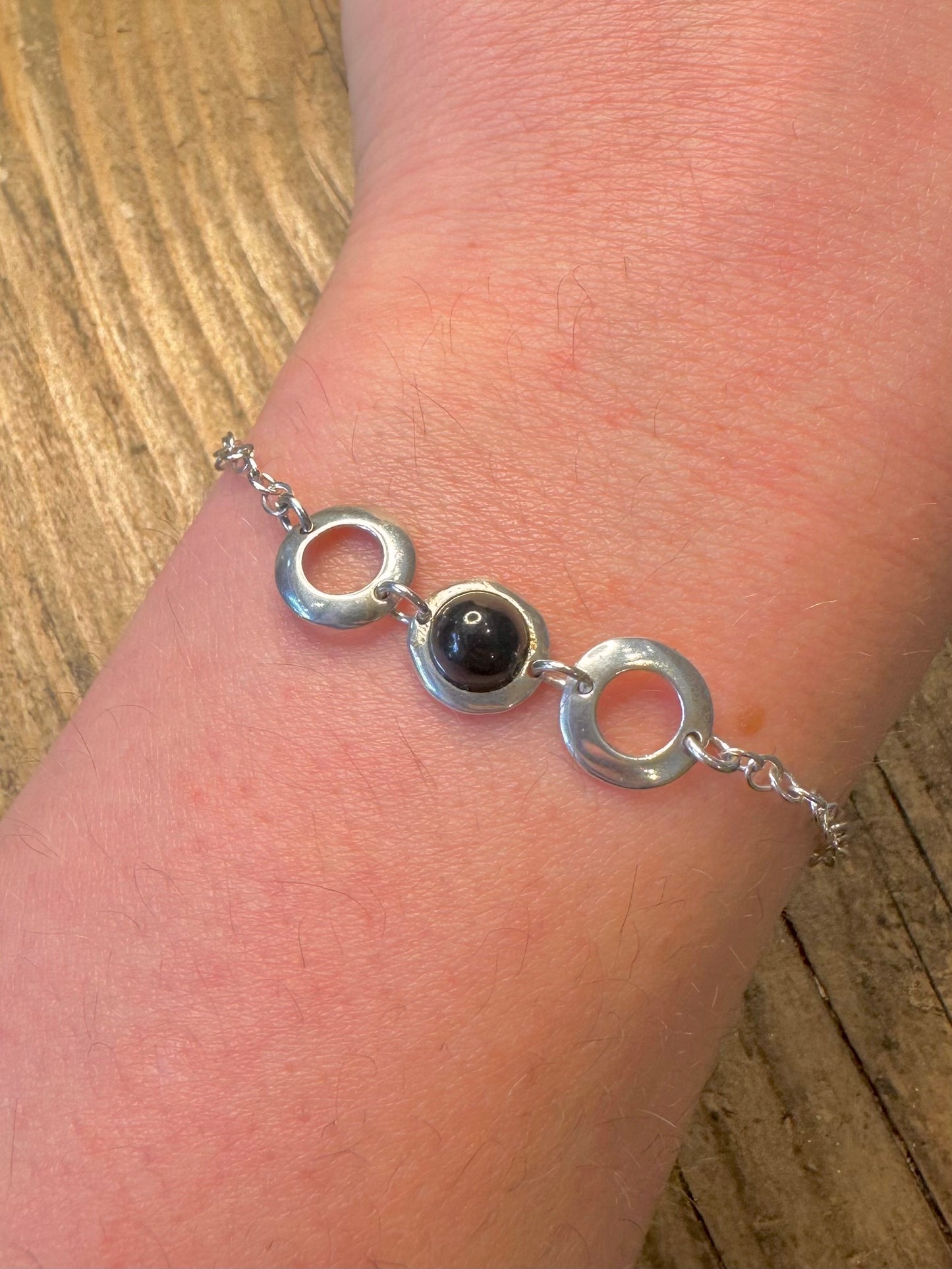 Black Stone Circle Link 925 Sterling Silver 6.5 to 7.5 inch Bracelet