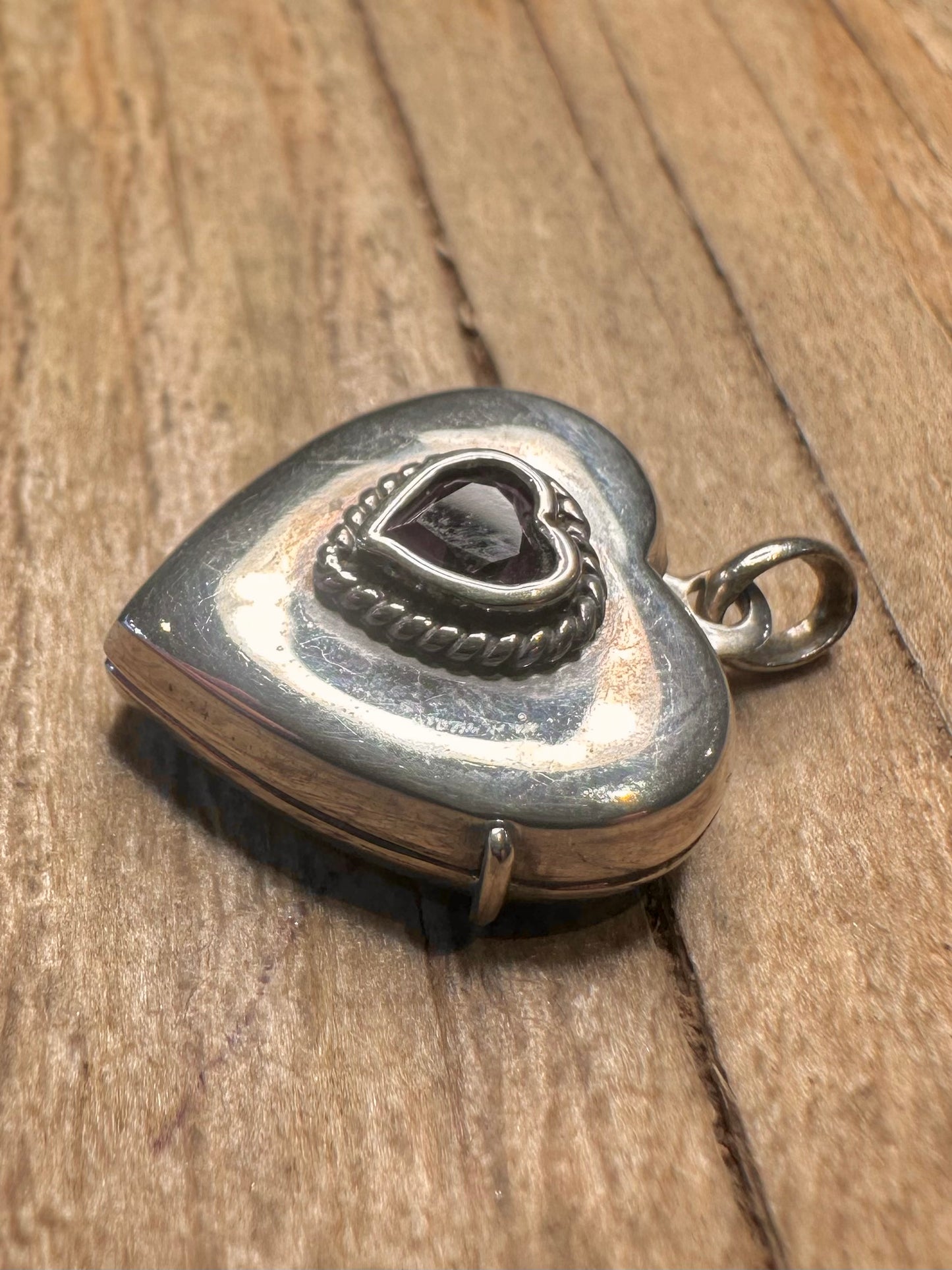 Vintage Amethyst Heart 925 Sterling Silver Locket Pendant