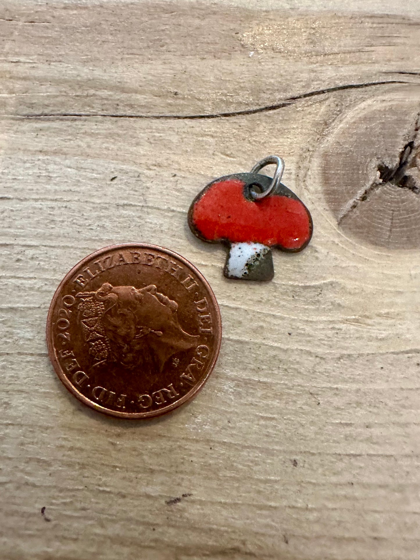 Vintage Enamel Red and White Copper Mushroom Costume Pendant