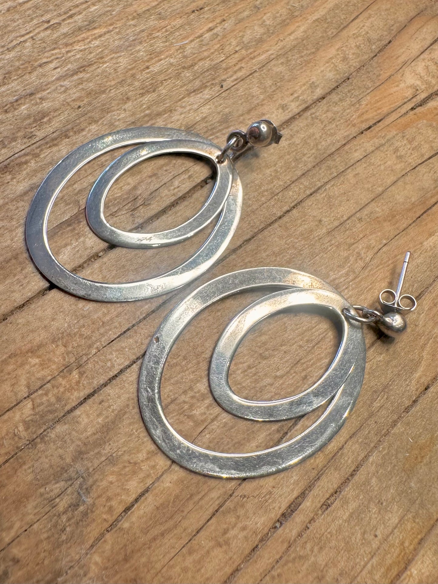 Modernist Double Oval Dangle 925 Sterling Silver Earrings