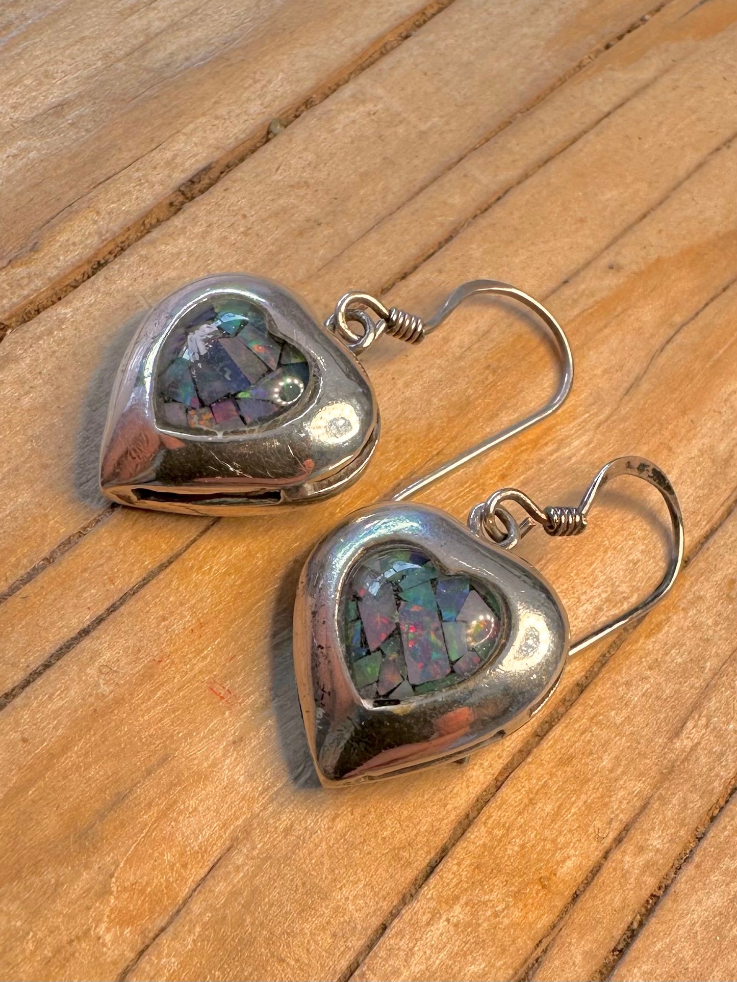 Vintage Heart Opal Mosaic 925 Silver Earrings