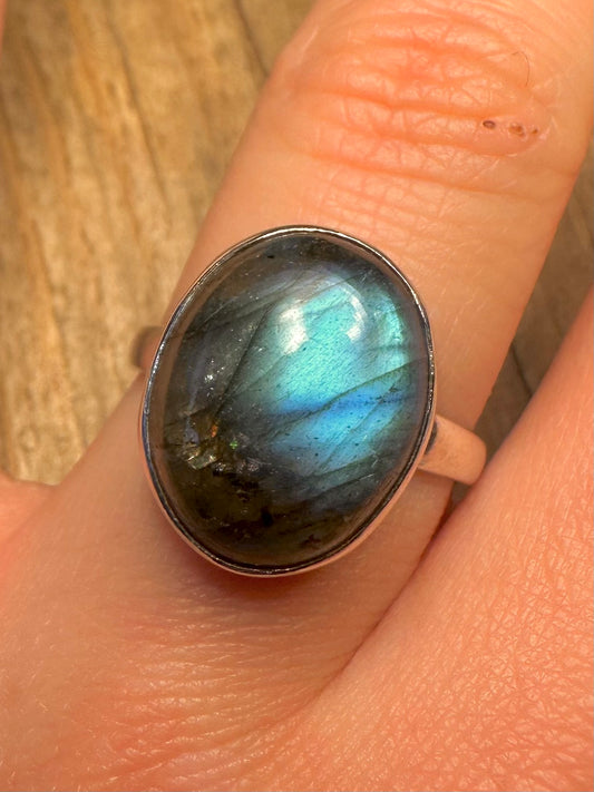 Vintage Labradorite Oval 925 Sterling Silver Size S1/2 Ring