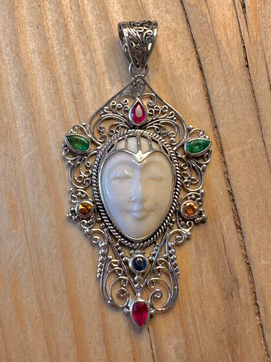 Vintage Women Face Multi Gemstone 925 Silver Pendant