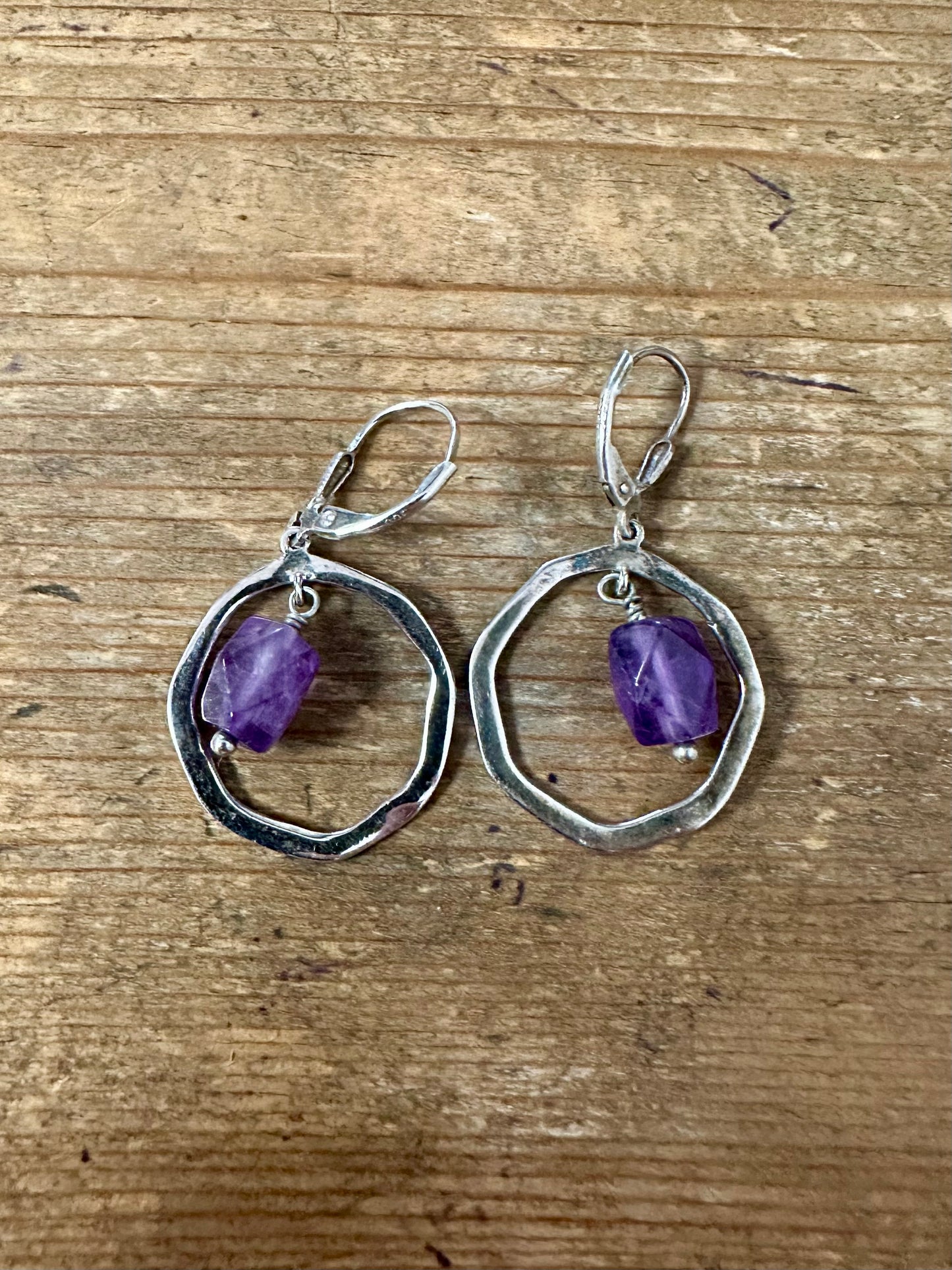 Vintage Hammered Amethyst Circle 925 Silver Earrings