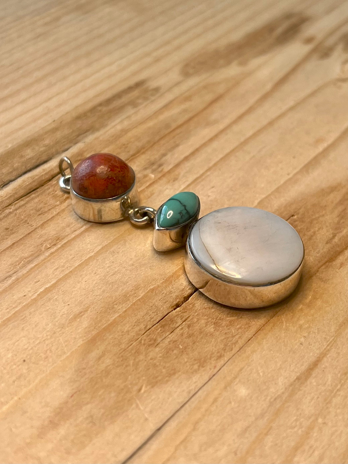 Tiered Mother of Pearl Coral Turquoise 925 Sterling Silver Pendant
