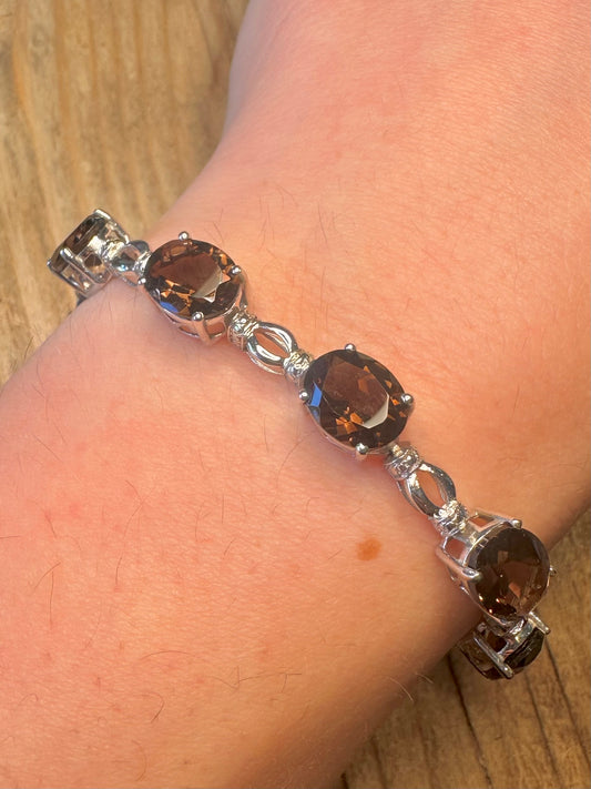 Modernist Smokey Quarts Tennis 925 Sterling Silver 7.2 inch Bracelet