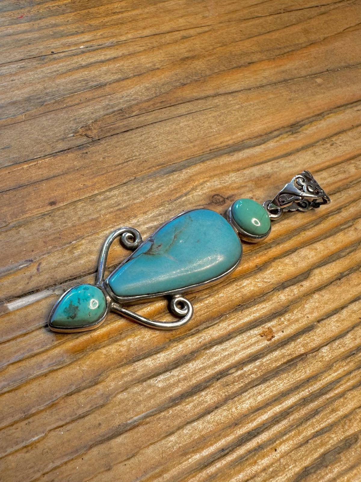 Boho Turquoise Long Swirl 925 Sterling Silver Pendant