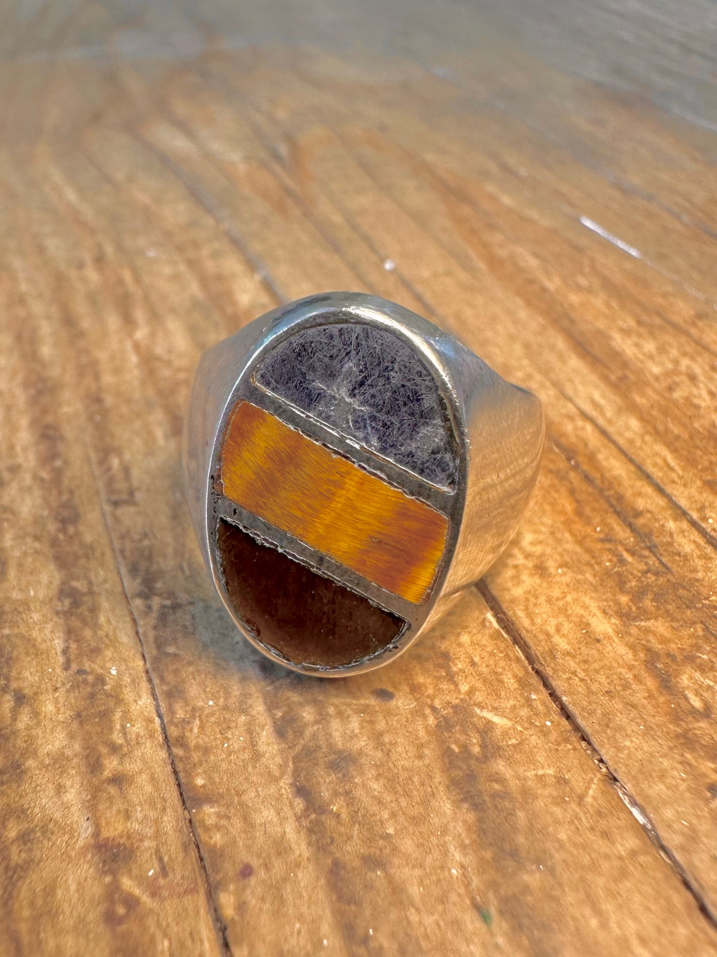 Chunky Signet 1992 Tigers Eye Sodalite and Brown Agate Mexico Size T1/2 Ring