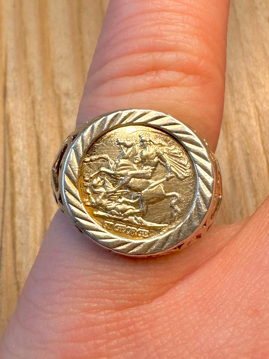 Vintage St George Half Sovereign Style Gold on 925 Sterling Silver Size K1/2 Ring