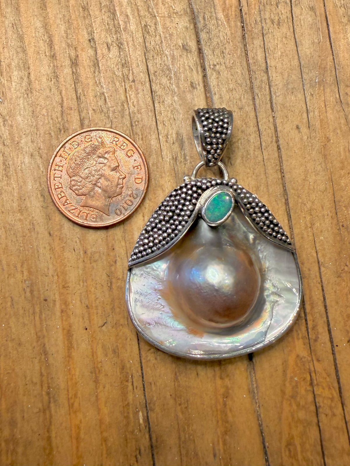 Blister Pearl and Blue Opal Textured 925 Sterling Silver Pendant