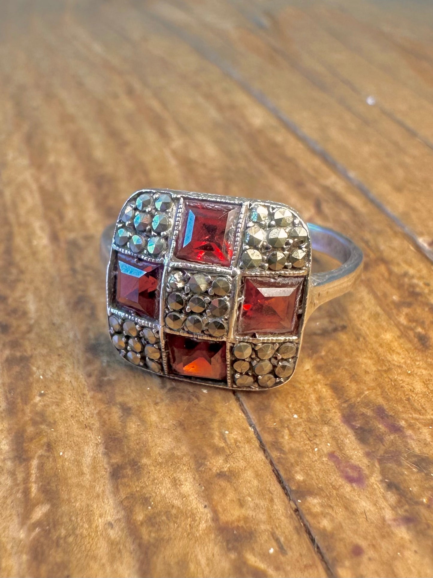 Garnet and Marcasite Square 925 Sterling Silver Size N1/2 Ring
