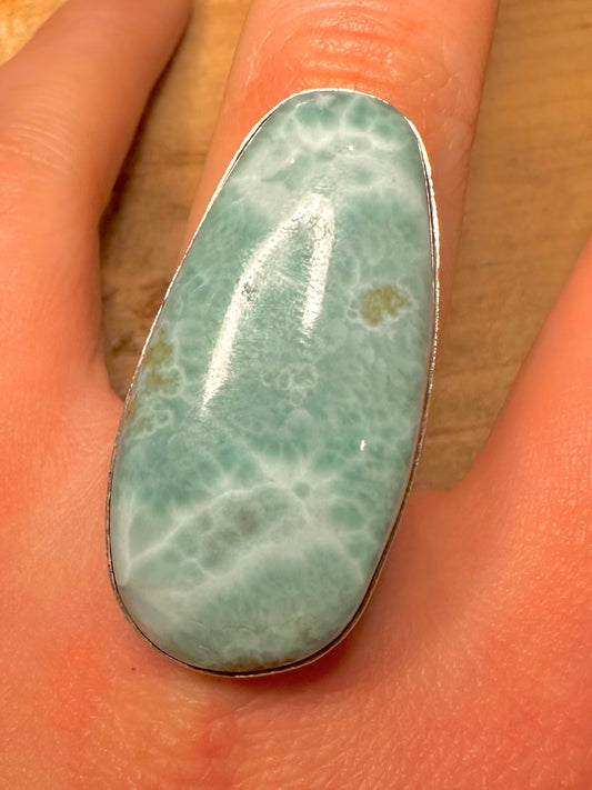 Vintage Elongated Larimar 925 Silver Size U Ring