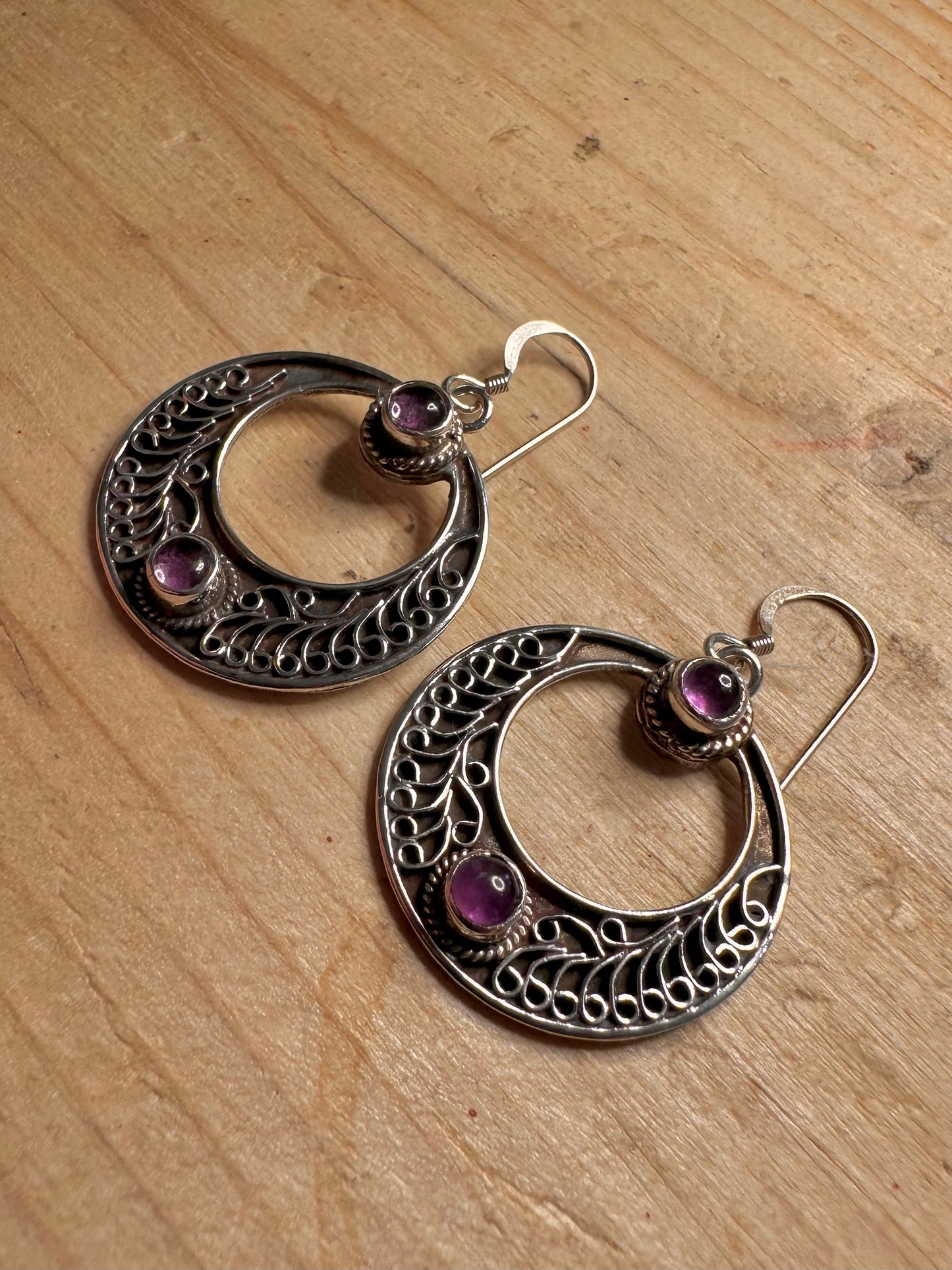 Vintage Amethyst Boho Style Circle 925 Silver Earrings