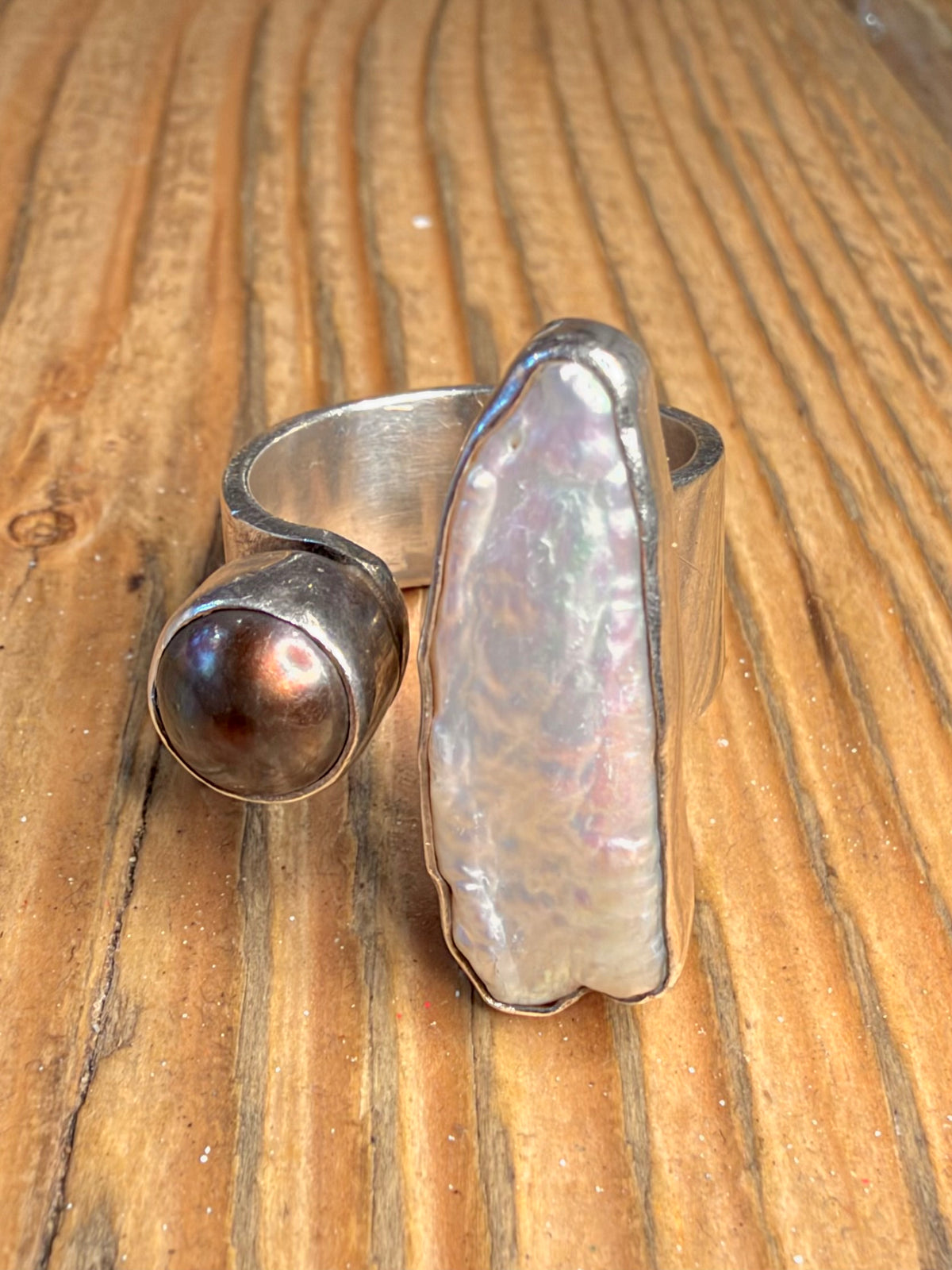 Abstract Mother of Pearl and Baroque Pearl 950 Silver Size R Ring