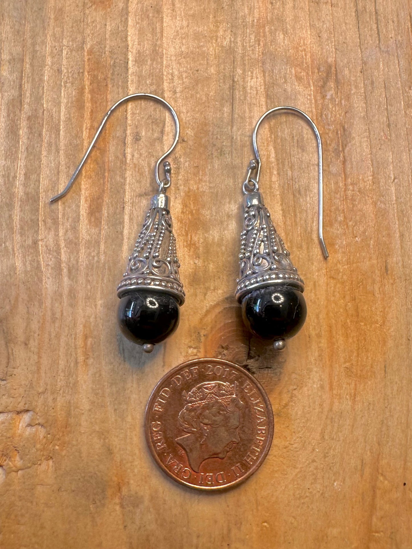 Ornate Intricate Black Stone 925 Sterling Earrings