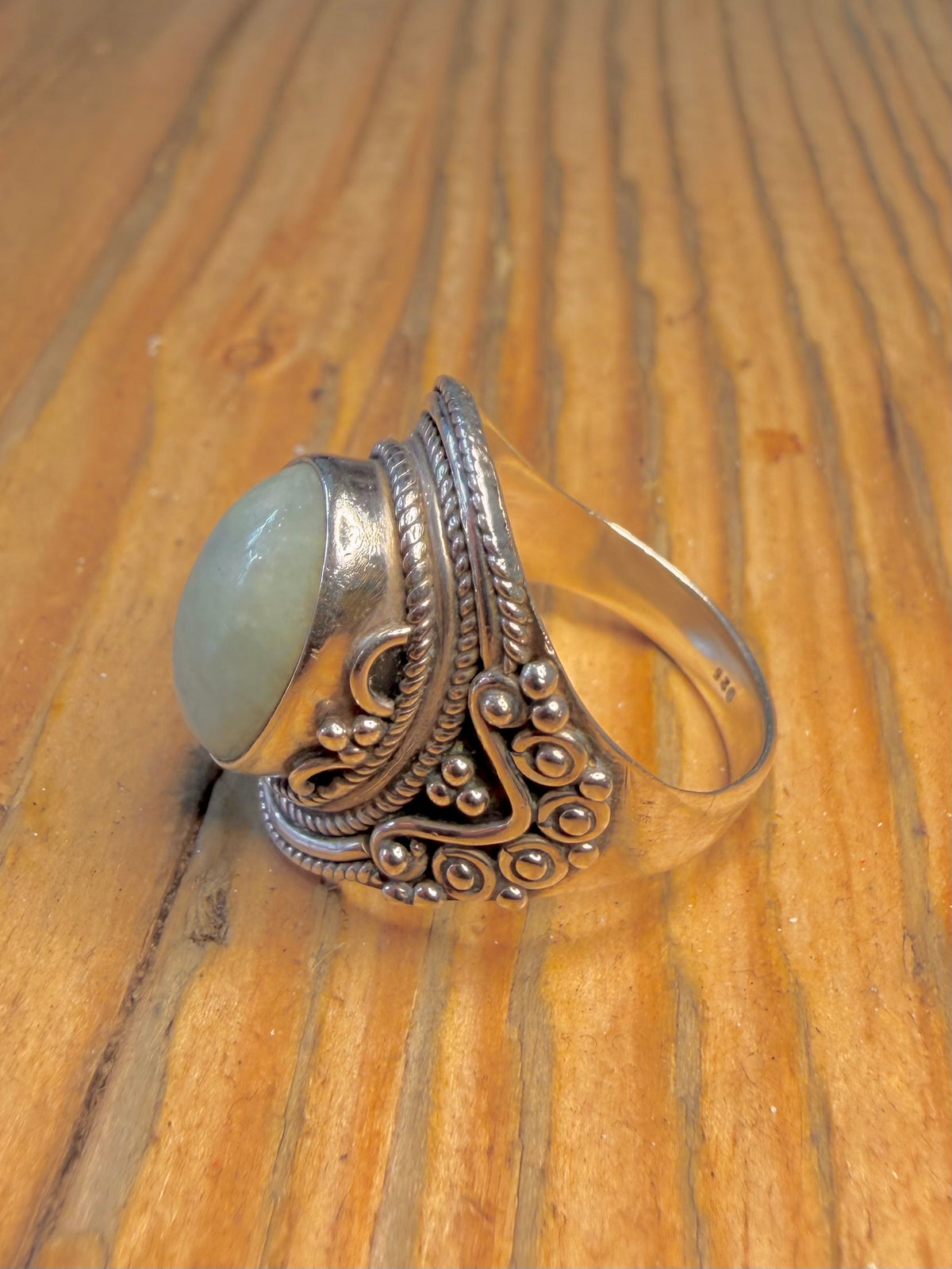 Ornate Jade Boho Style 925 Sterling Silver Size P Ring