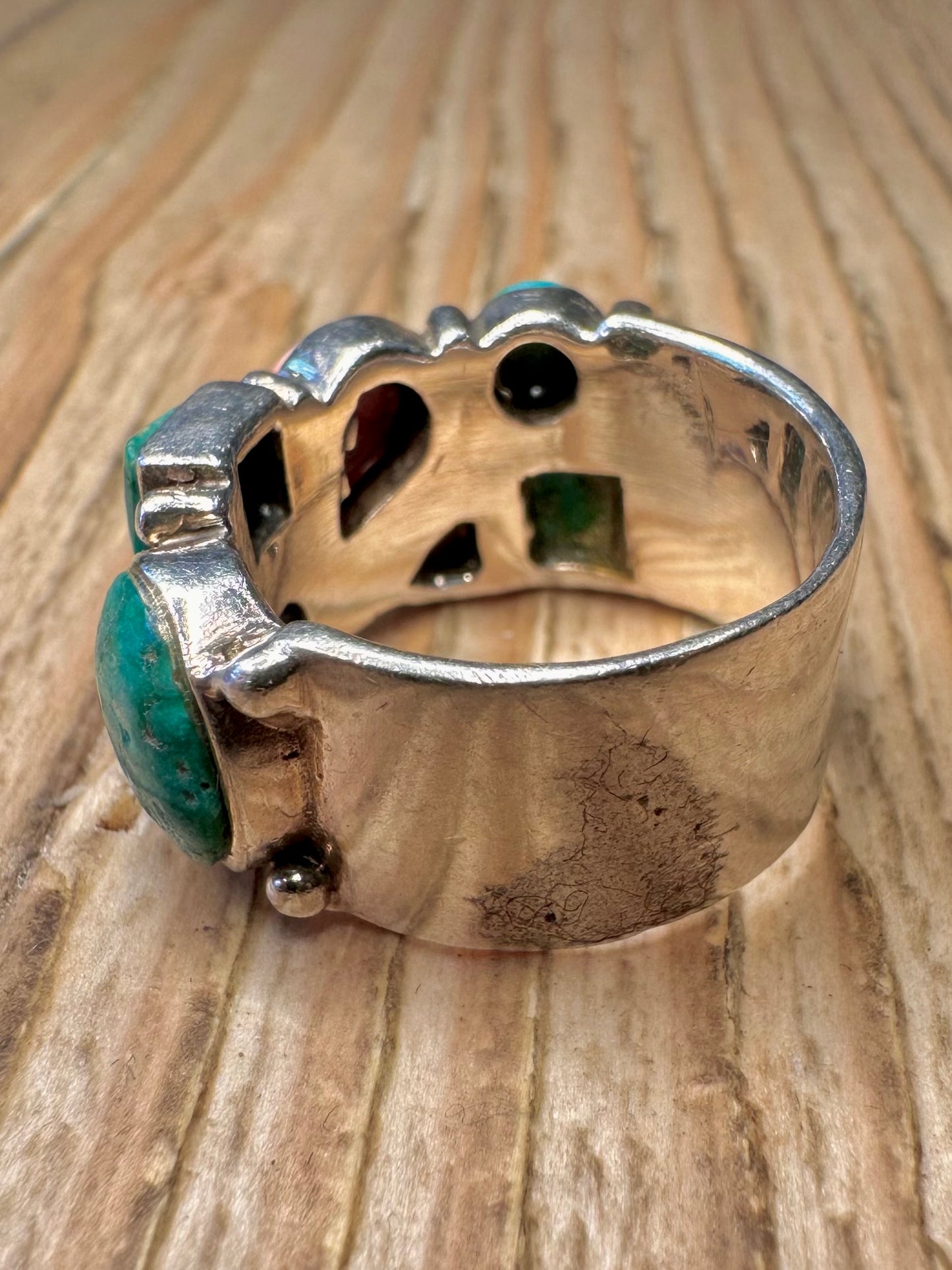 Vintage Multi Gemstone Navajo Style Band 925 Sterling Silver N Ring