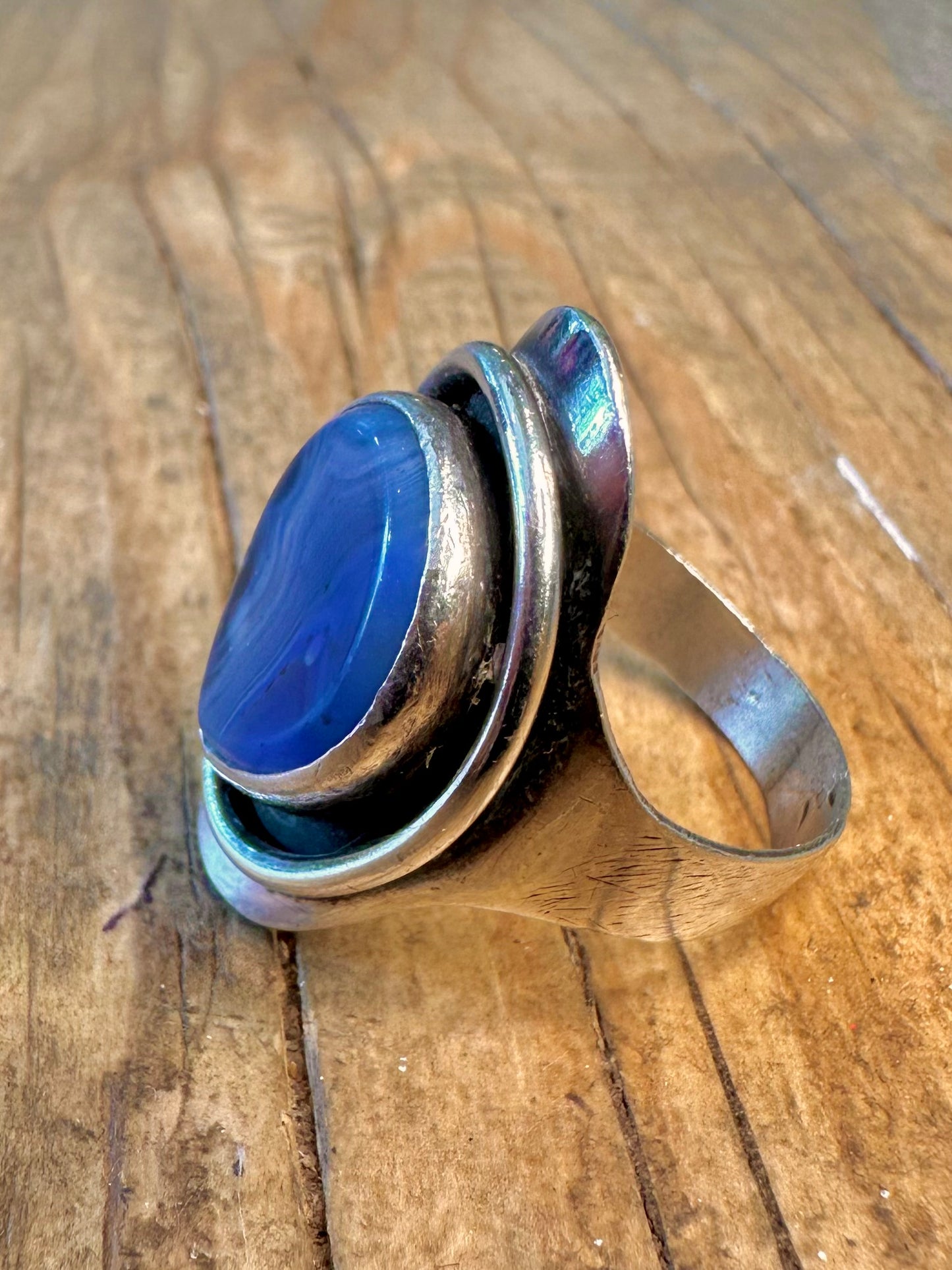 Abstract Teardrop Shaped Blue Laced Agate 925 Sterling Silver Size U1/2 Ring