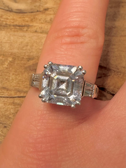 Vintage Square CZ Heart 925 Silver Size M1/2 Ring