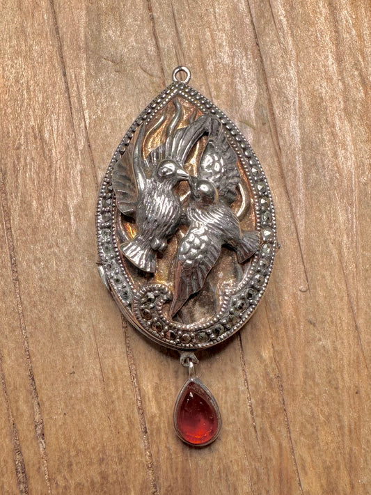 Vintage Love Birds Marcasite Oval Amber 925 Sterling Silver Locket Pendant