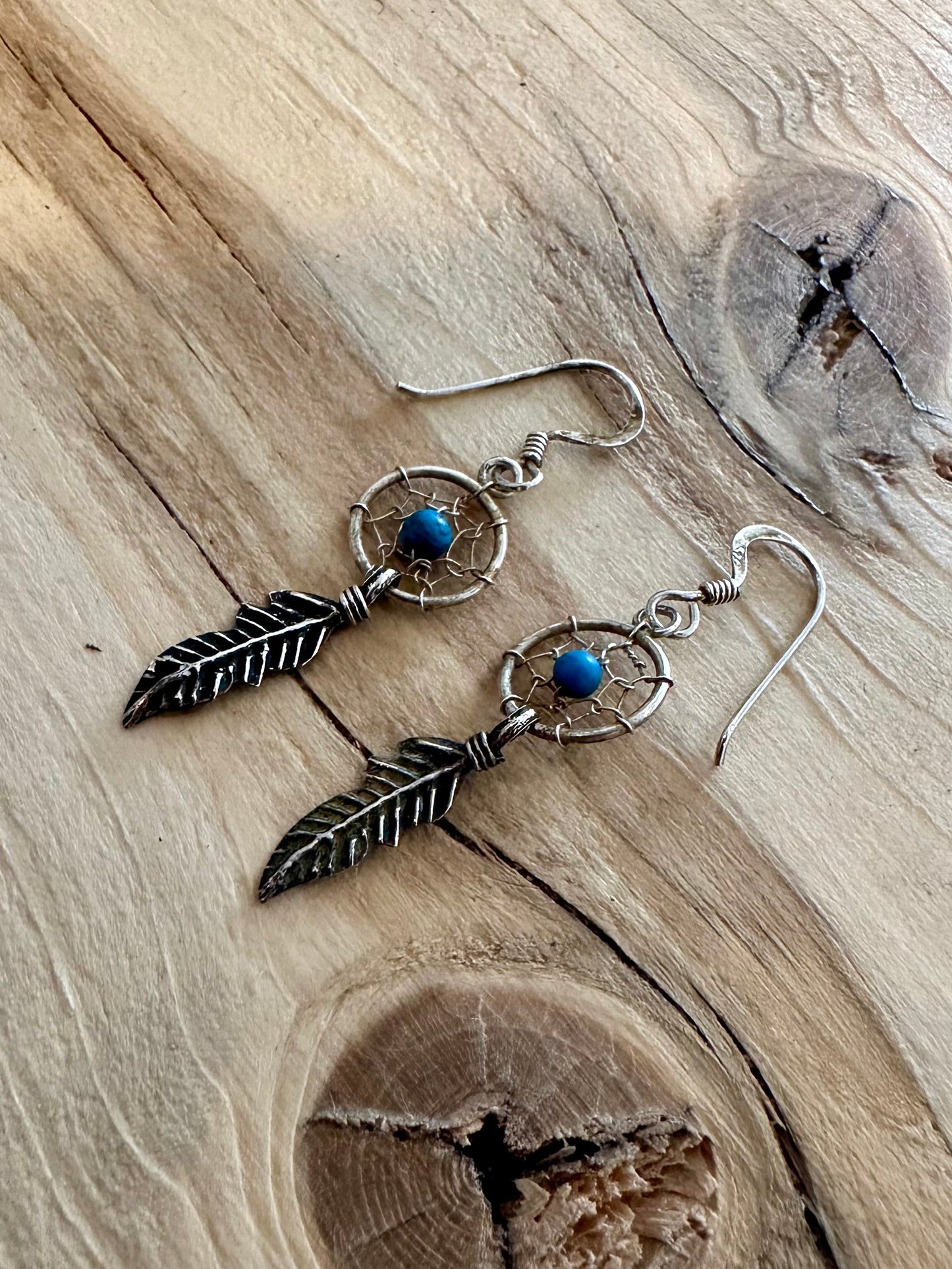 Vintage Turquoise Dreamcatcher and Leaf 925 Silver Earrings