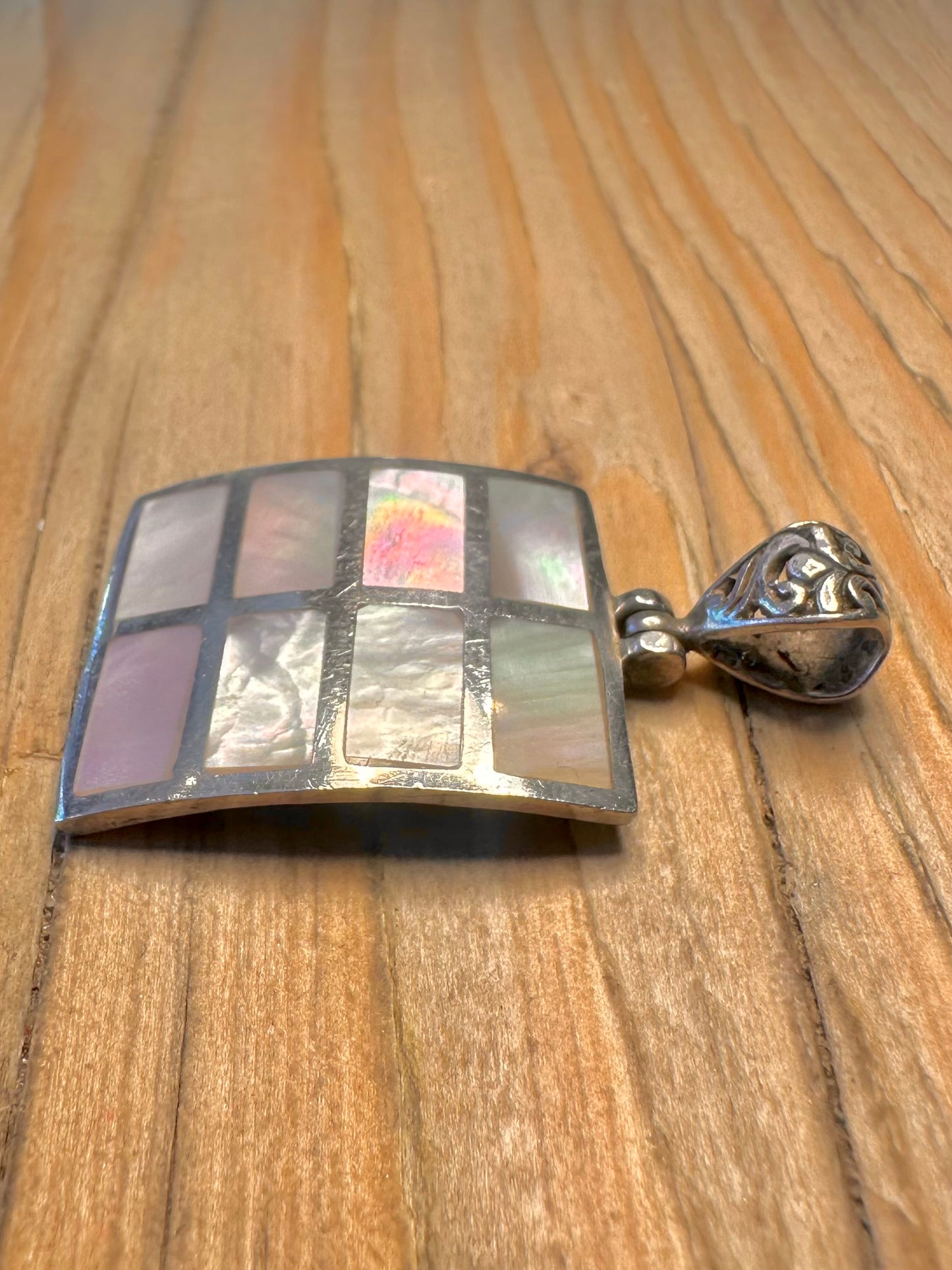 Modernist Mother of Pearl Rectangle 925 Sterling Silver Pendant