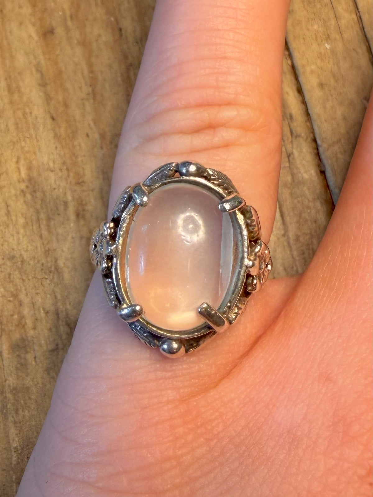 Oval Clear Stone Floral Mount 925 Sterling Silver Size K1/2 Ring