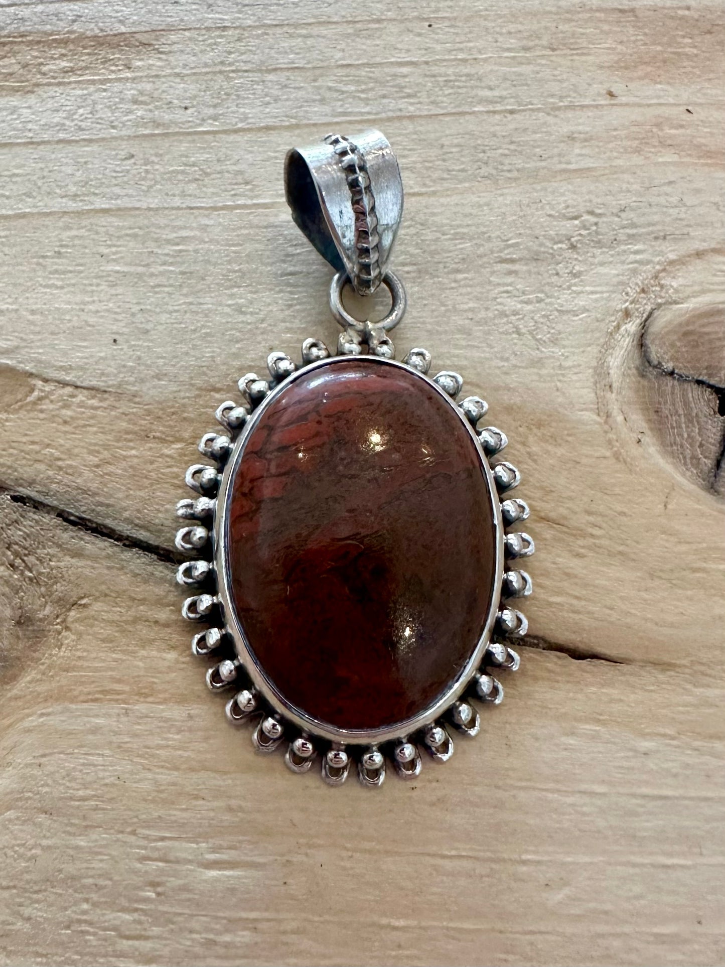 Vintage Red and Black Oval Stone 925 Silver Pendant