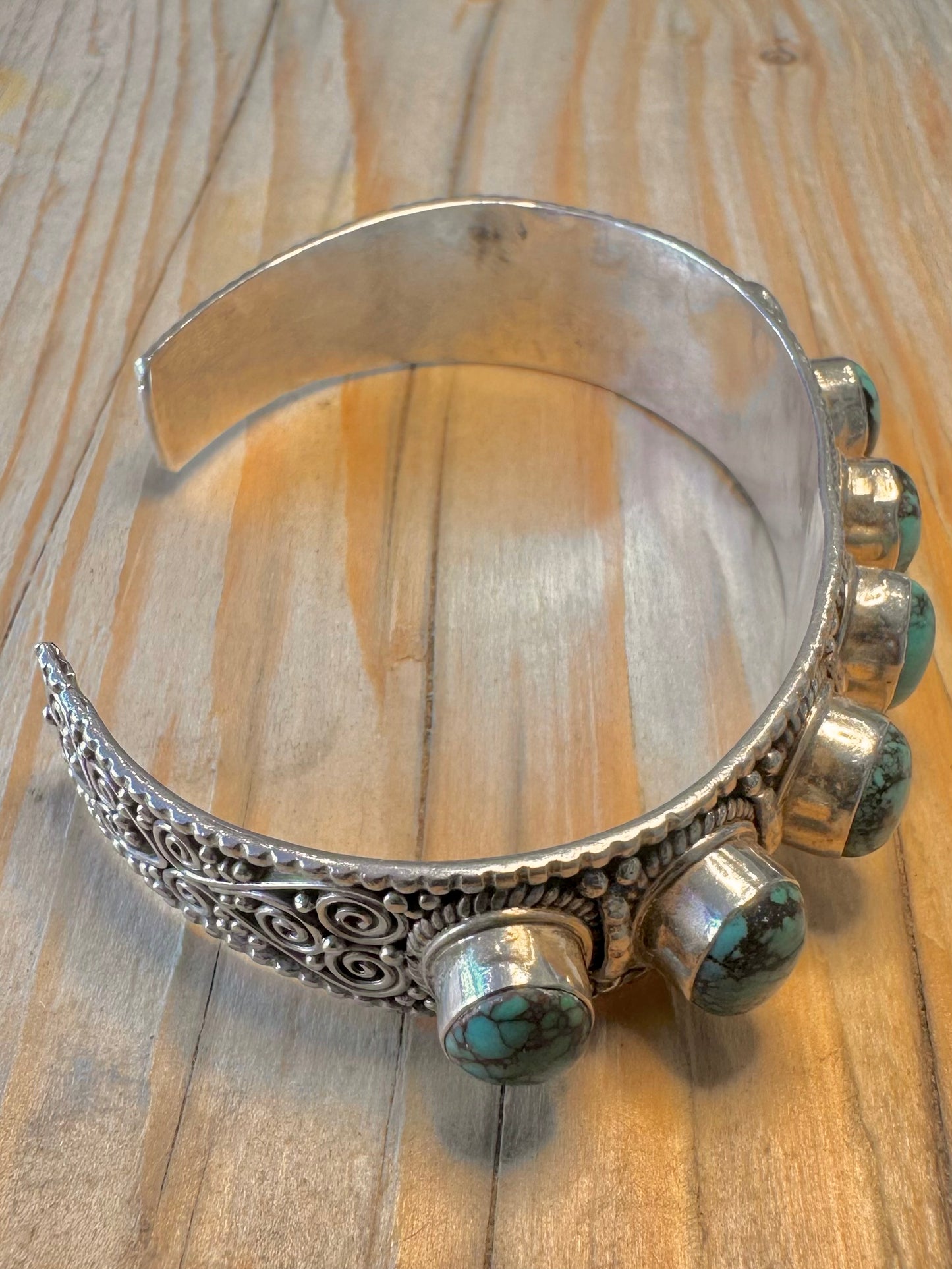 Vintage Ornate Turquoise 925 Silver Cuff Bangle