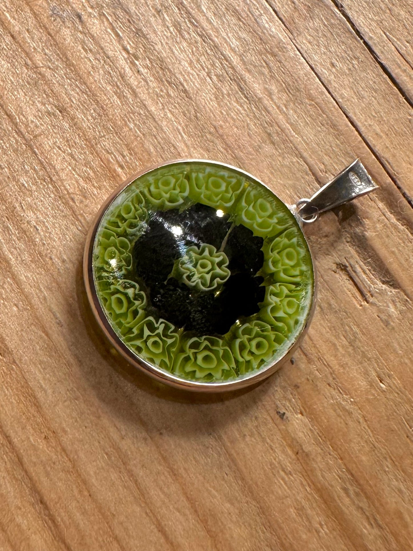 Vintage Millefiori Green Circle 925 Sterling Silver Pendant