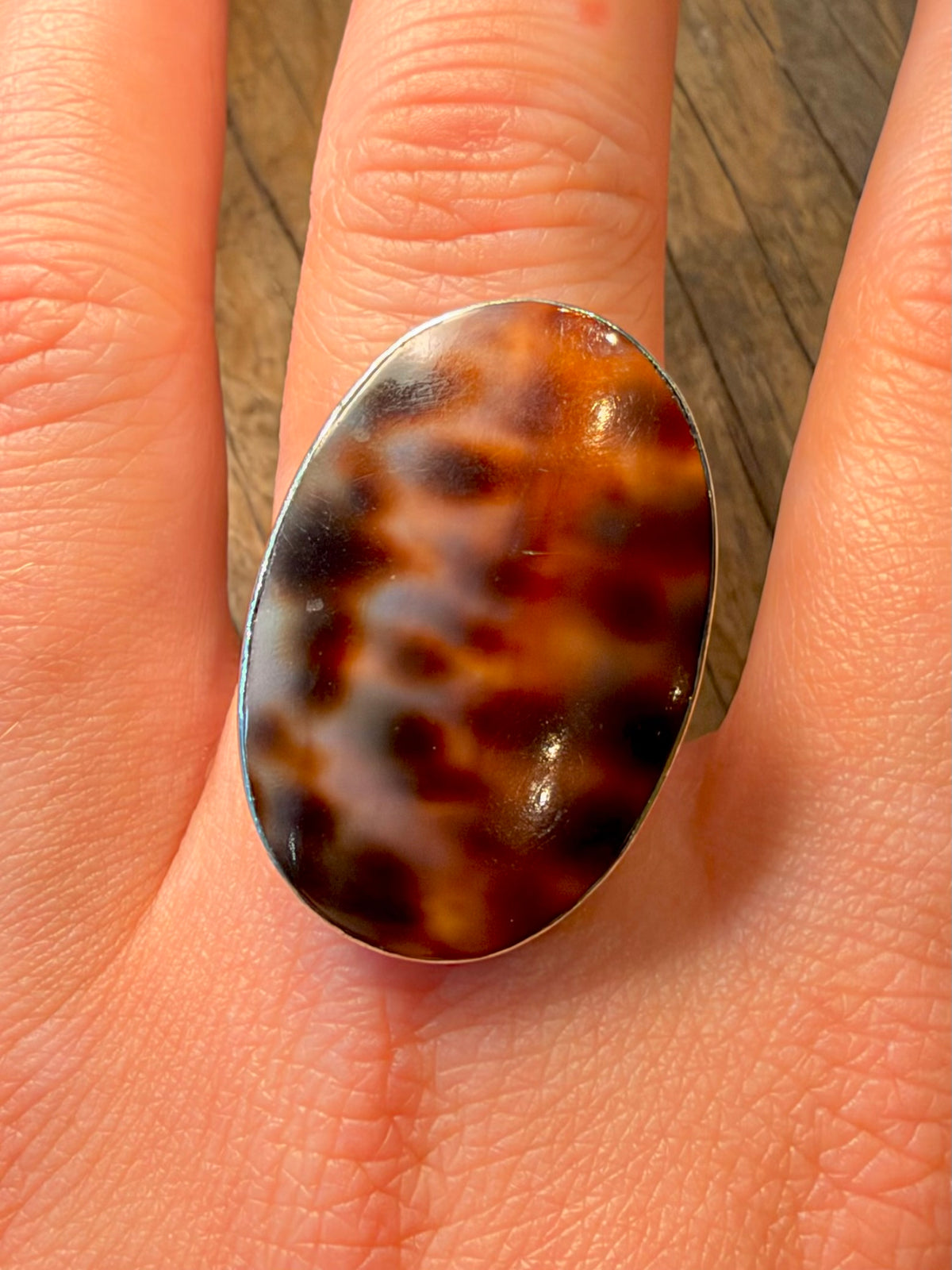 Large Oval Brown Conch Shell 925 Sterling Silver Size U Adjustable Ring