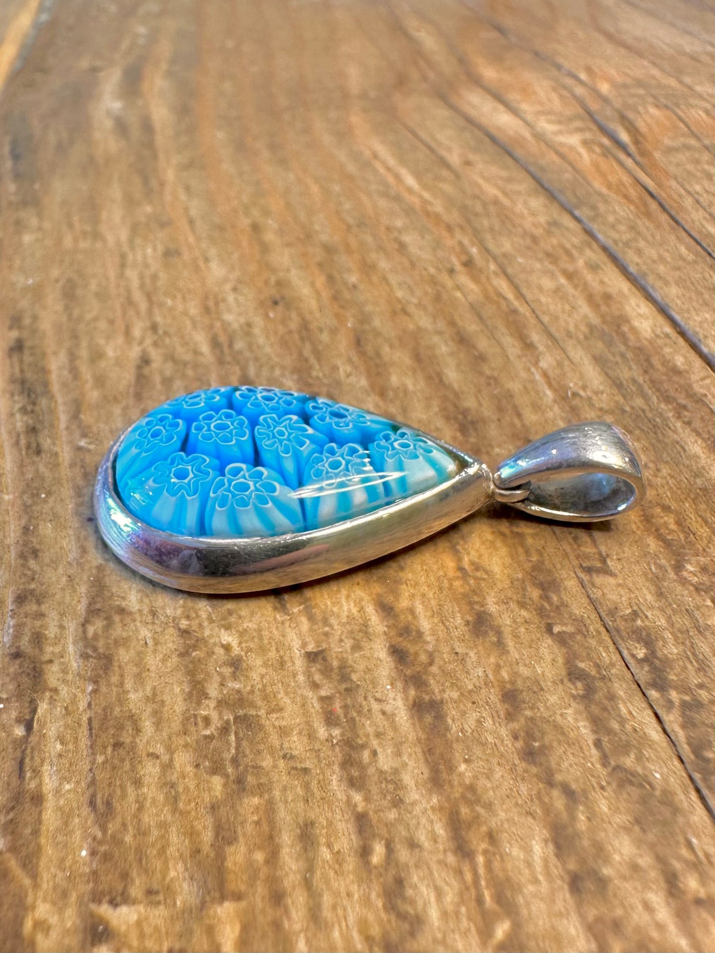 Blue Millefiori Tear Drop 925 Sterling Silver Pendant