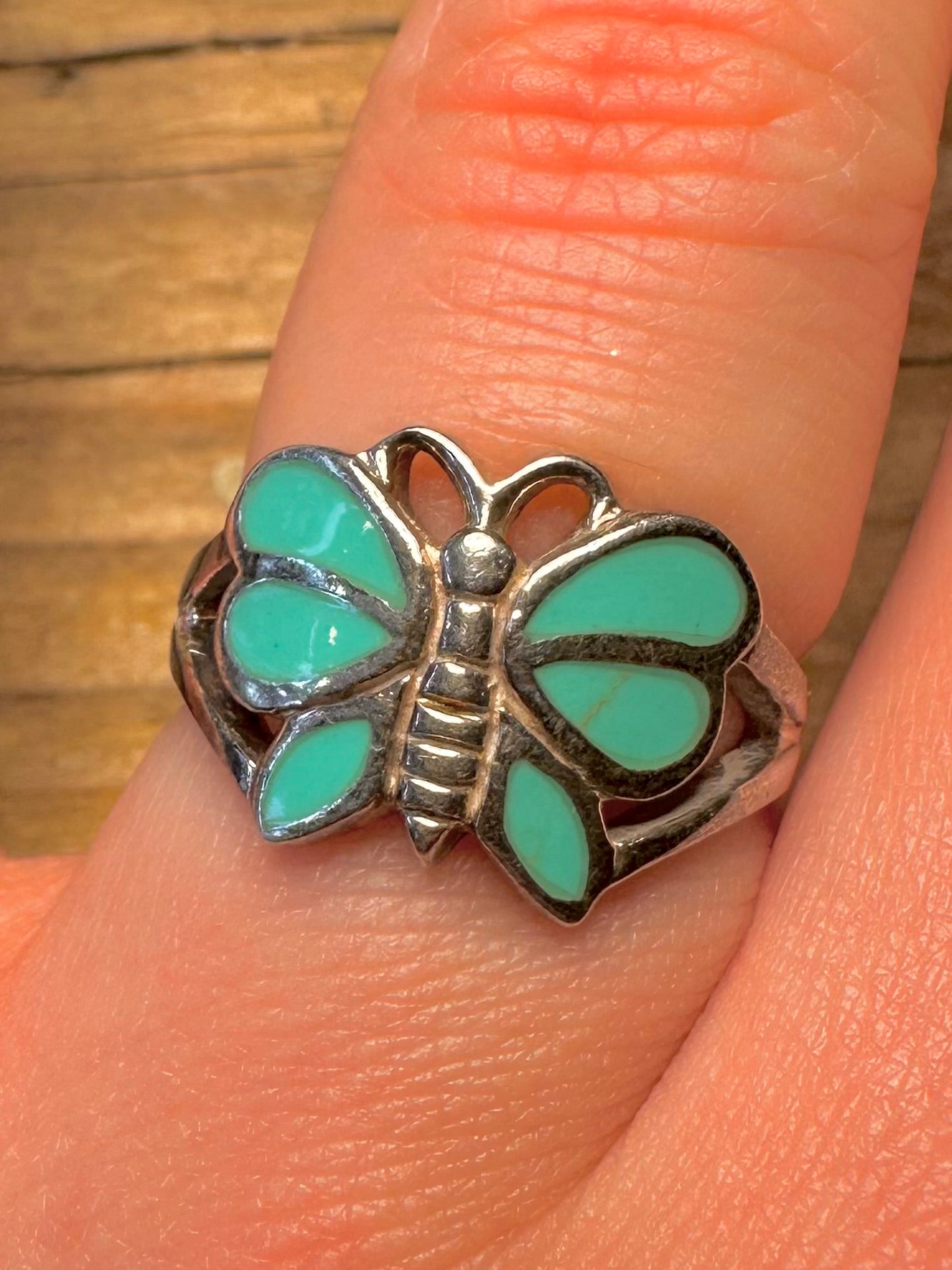 Vintage Butterfly Turquoise 925 Sterling Silver Size O1/2 Ring