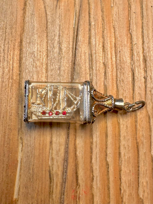 Vintage Nuvo Ship in Bottle Red Stone 925 Sterling Silver Charm Pendant
