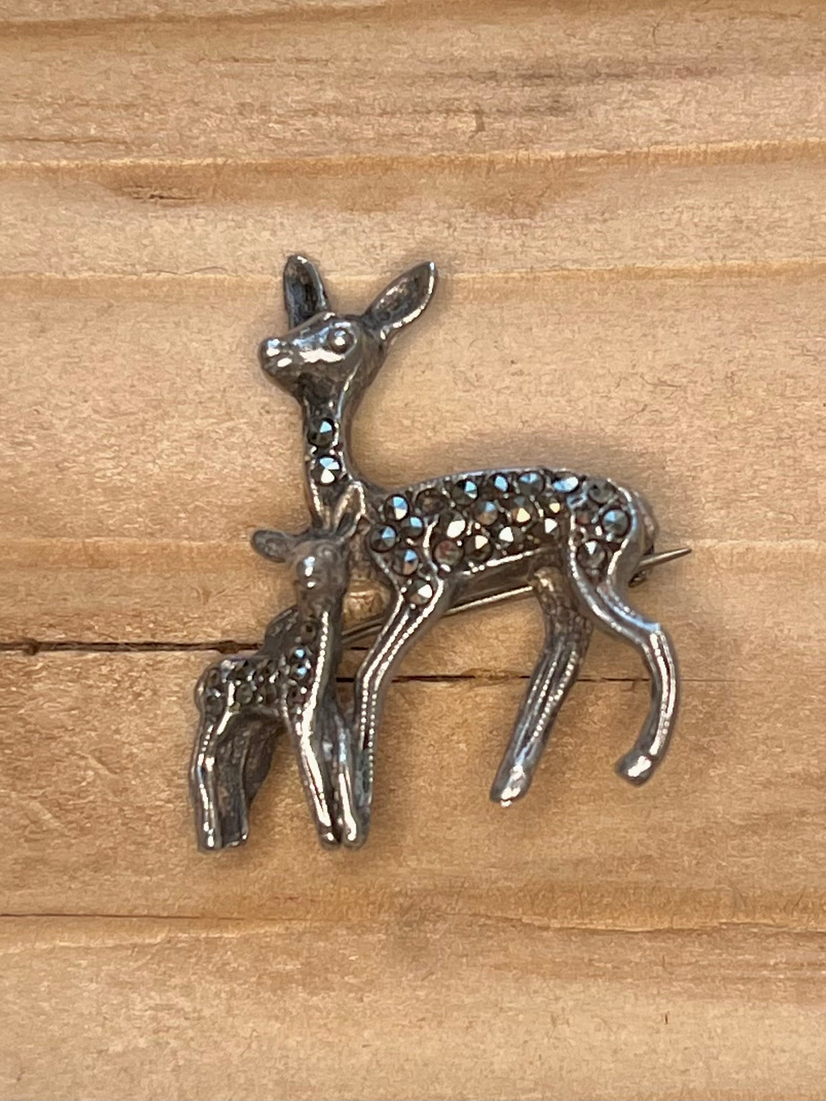 Deer and Faun Marcasite 925 Sterling Silver Brooch