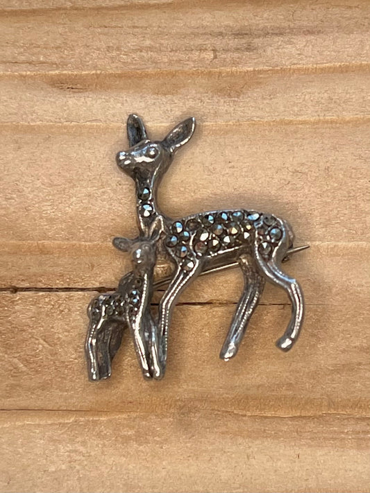 Deer and Faun Marcasite 925 Sterling Silver Brooch