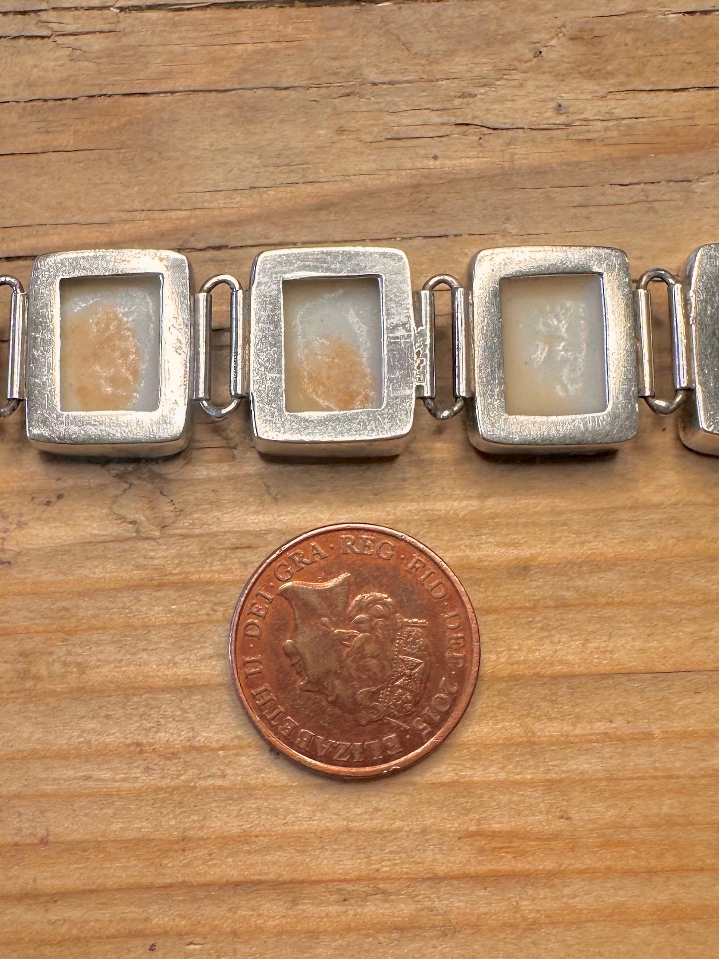 Vintage Cowrie Shell Rectangle White and Brown T Bar 925 Sterling Silver 7.2 to 7.8 inch Bracelet