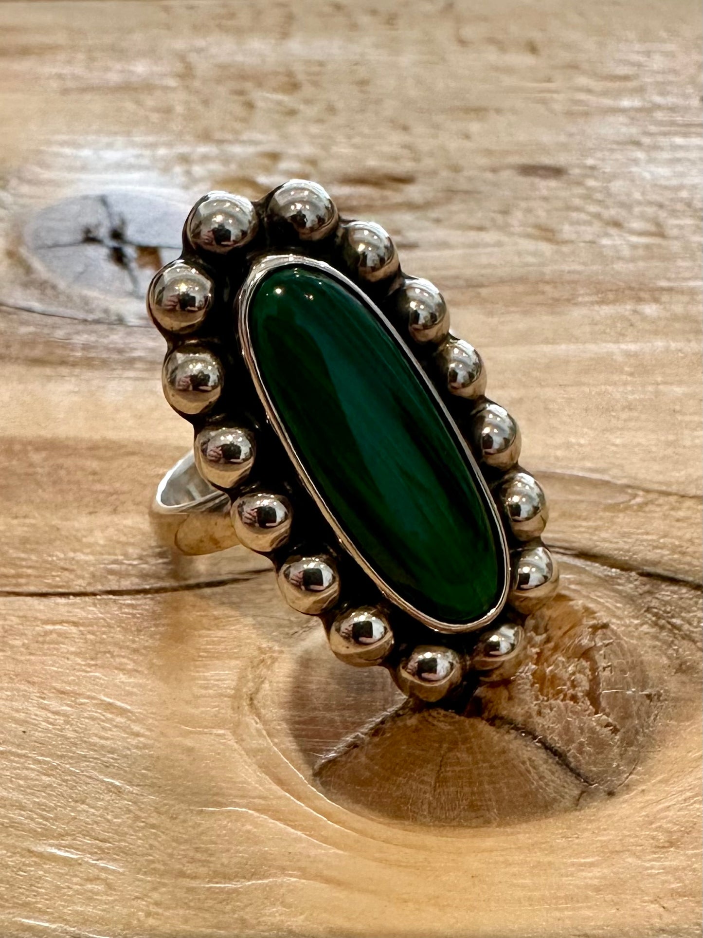 Vintage Long Malachite Tribal 925 Silver Size T Ring