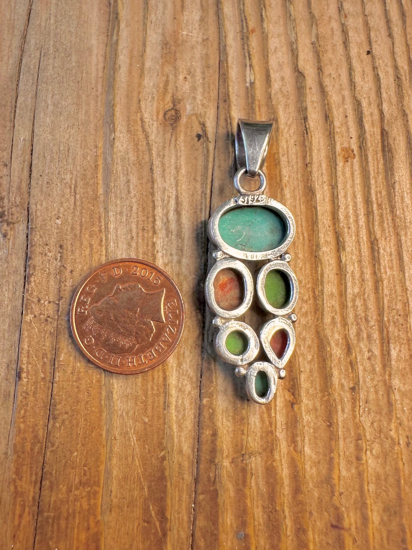 Turquoise and Coral Cluster 925 Sterling Silver Pendant