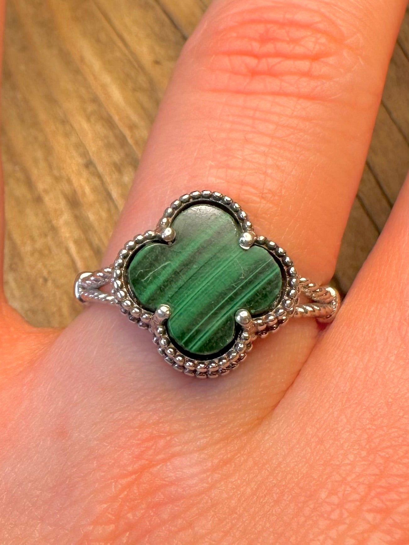 Malachite Clover 925 Sterling Silver Size T Ring